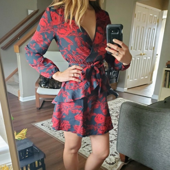 New Sexy Chic Floral Wrap Long Sleeve Mini Dress - Picture 5 of 13